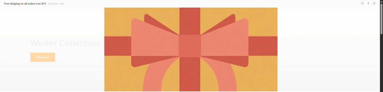 Before: home page top. The promo bar text and the Shop the sale link are pale grey. The banner title Winter Collection is almost invisible, and the Shop now button has white text on pale orange.