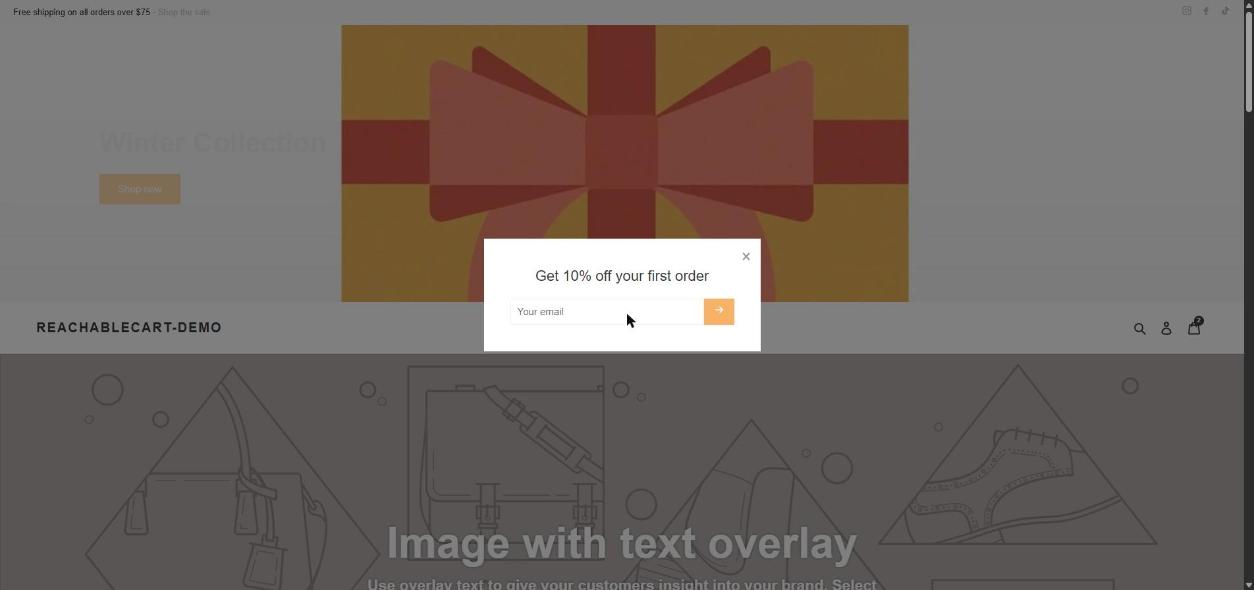 Before: home page dimmed by a newsletter popup. There is no visible focus anywhere; keyboard focus is on links hidden behind the overlay.