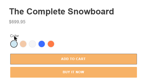 Before: product page with round colour swatches. After pressing Tab, keyboard focus skips the swatches and lands on the Add to cart button, which shows no clear focus outline. The button text is white on light orange.